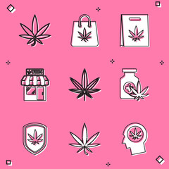Set Marijuana or cannabis leaf, Shopping bag of marijuana, and store, Medical bottle with, Shield and icon. Vector