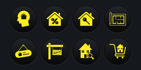 Set Hanging sign with For Sale, House plan, Sold, Search house, key, percant, Shopping cart and Man dreaming about buying icon. Vector