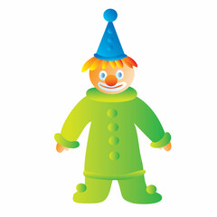 clown in green suit and blue cap with red hair, cartoon illustration, isolated object on white background, vector,