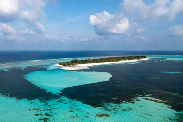 Naklejka na ściany i meble Helicopter view, Six Senses Kanuhura Island Resort, with beaches and water bungalows, Lhaviyani Atoll, , Maldives, Indian Ocean, Asia,