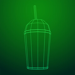 Paper cup with straw. Drink Fast food. Wireframe vector illustration