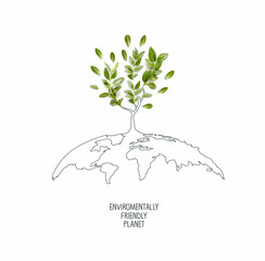 Obraz premium Environmentally friendly planet. Symbolic tree made from green leaves and branches with sketches map of the world. Minimal nature concept. Think Green. Ecology Concept. Top view. Flat lay.