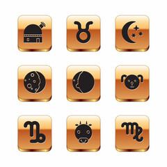 Set Astronomical observatory, Capricorn zodiac, Ox, Eclipse of the sun, Moon and stars, Virgo and Taurus icon. Vector