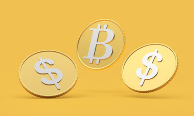 Golden coins with dollar and bitcoin symbol. 3D illustration