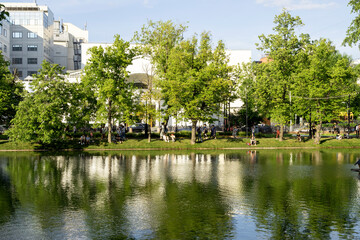 Obraz premium Clean ponds or Chistye Prudy pond during warm sunny day in Moscow in Russia