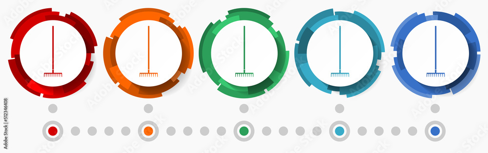 Poster Rake, gradening tool concept vector icon set, flat design pointers, infographic template