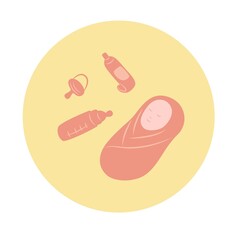Wrapped baby, nipple, feeding bottle, baby cream. Vector cartoon illustration. 
