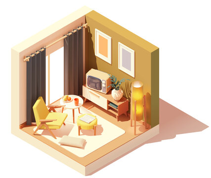 Vector isometric vintage living room interior. 60s or 70s room interior. Chair, coffee table, old tv, floor lamp. Low poly cross-section illustration. Cutaway drawing
