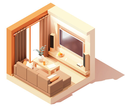 Vector isometric modern living room interior. Couch with pillows, tv, tv cabinet with big speakers. Low poly cross-section illustration. Cutaway drawing