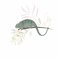 Vector hand drawn illustration Chameleon Lizard, tropical flowers, clip art. Green reptile on floral branch isolated on white background