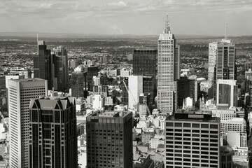 Melbourne Australia city skyline. Black and white vintage photo style.