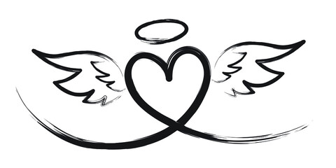 Hand drawn heart with wings on white background 