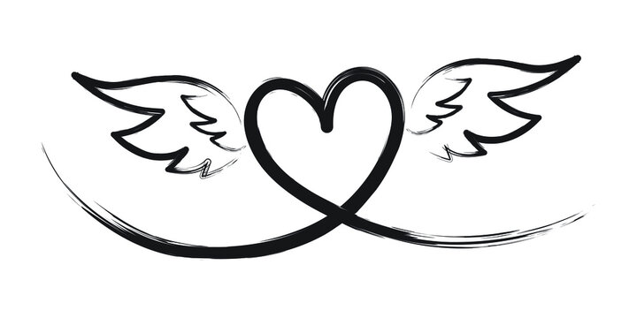 Hand drawn heart with wings on white background 