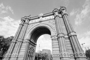 Barcelona Triumphal Arch. Black and white vintage photo style.