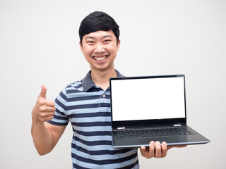 Portrait cheerful man striped shirt thumb up holding laptop white screen happy smile