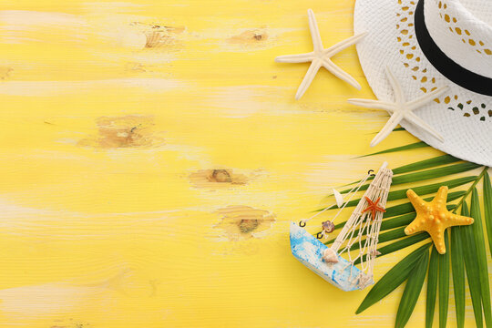 Tropical vacation and summer travel image with sea life style objects. Top view