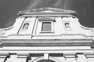 Madrid landmark - church facade. Vintage style photo black and white BW. Spain landmarks.