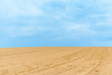 Fototapeta premium Landscape with agricultural land, in slope, recently plowed and prepared for the crop,agricultural background.Blue sky.