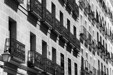 Fototapeta na wymiar Madrid street. Retro style photo black and white BW. Spain landmarks.