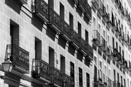 Madrid street. Retro style photo black and white BW. Spain landmarks.