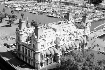 Barcelona - Port Authority building. Retro style photo black and white BW. Spain landmarks.