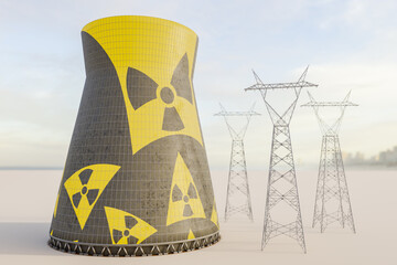 Obraz premium Concept showing polluting electricity generation production. Polluting fossil thermal nuclear power plants cooling towers and elecricity poles.