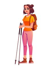Tourist with backpack and trekking poles isolated on a white background. Young woman in tourist clothes is engaged in hiking, backpacking trip. Vector cartoon character illustration.