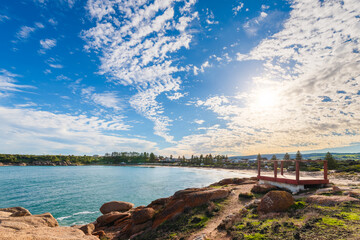 Horseshoe Bay and Port Elliot beach with obelisk on a bright day during winter season, Fleurieu Peninsula, South Australia