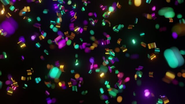 Colorful glittering mardi gras confetti falling against black background, loopable 3D animation in 4K UHD with shallow depth of field