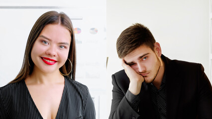 Online meeting. Boring interview. Virtual chat. Corporate teleconference. Screenshot of business woman speaking to tired male colleague at digital office.