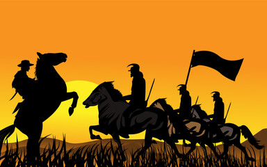 the warriors spurring horses at sunset carrying flag