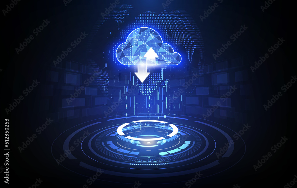Poster cloud technology. polygonal wireframe cloud storage sign with two arrows up and down on dark blue. c