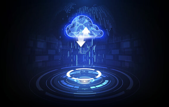 Cloud technology. Polygonal wireframe cloud storage sign with two arrows up and down on dark blue. Cloud computing, big data center, future infrastructure, digital ai concept. Virtual hosting symbol