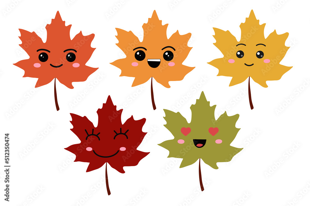 Wall mural set of colorful maple leaves in kawaii style. vector design