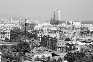 Barcelona city skyline. Black white photo retro style.
