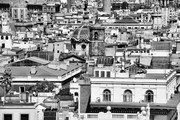 Barcelona city view. Black white photo vintage style.