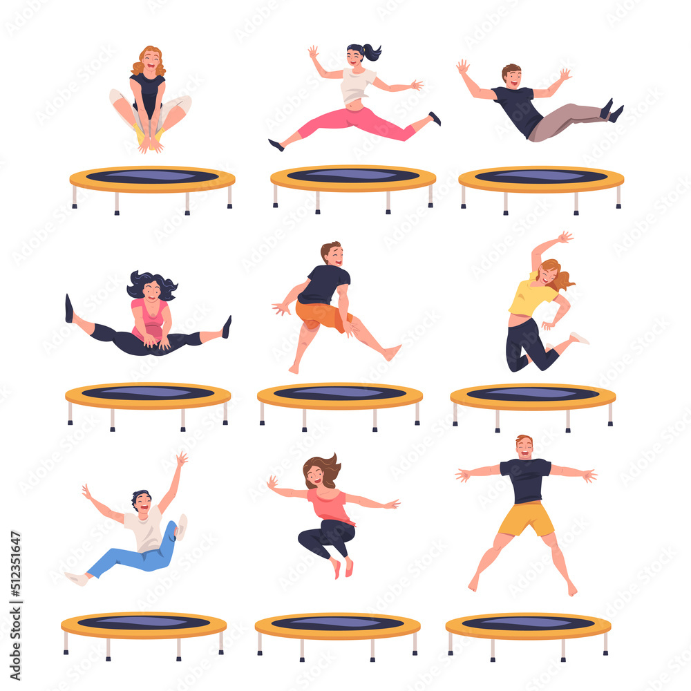Poster people character jumping and bouncing on trampoline engaged in recreational activity vector set