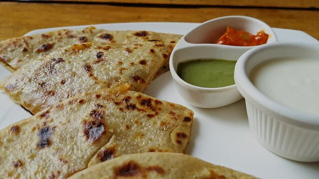 Indian food, Aloo Paratha or Indian potato stuffed flat bread