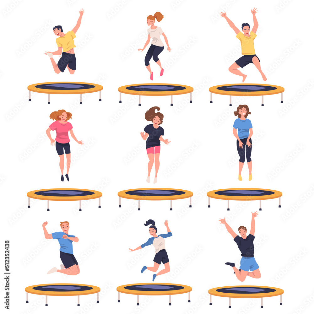 Poster people character jumping and bouncing on trampoline engaged in recreational activity vector set