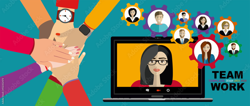 Poster video call conference concept. young people making video call through virtual user interface window.