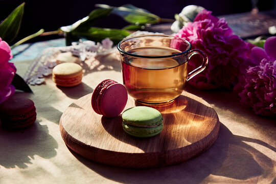 Herbal tea and macarons dessert for brunch outside in the terrace. Blooming pink peony flowers under trendy hard shadows. Relaxation, thoughtful, meditative, good mood lifestyle