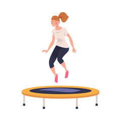 Obraz premium Excited Woman Character Jumping and Bouncing on Trampoline Engaged in Recreational Activity Vector Illustration