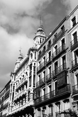 Madrid, Spain - Spanish landmarks. Black and white photo vintage style.