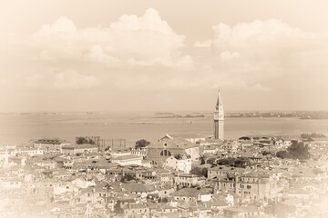 Venice, Italy - city aerial view. Sepia old paper tone vintage postcard style.