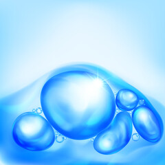 Illustration with beautiful realistic air bubbles with bright glare, floating in water or other liquid, in light blue color