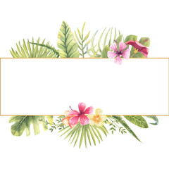 Vector illustration of a rectangular frame with tropical plants. Monster, banana leaves, hibiscus, etc. Floral watercolor. For the design of greeting cards, invitations