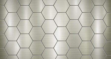 Abstract metallic background in yellow colors with highlights, consisting of voluminous convex hexagonal plates