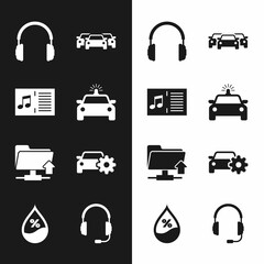Set Police car and flasher, Music book with note, Headphones, Cars, FTP folder upload and service icon. Vector