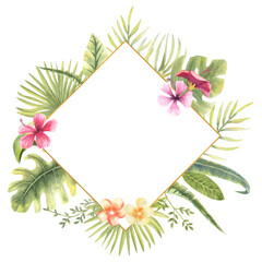 Vector illustration of a diamond-shaped frame with tropical plants. Monster, banana leaves, hibiscus, etc. Floral watercolor. For the design of greeting cards, invitations