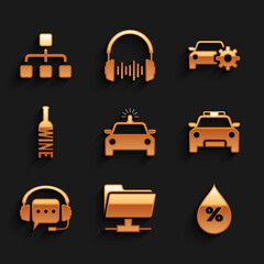 Set Police car and flasher, FTP folder, Water drop percentage, , Headphones with speech bubble and Bottle of wine icon. Vector